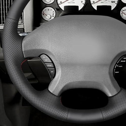 MEWANT Hand Stitch Black Genuine Leather Steering Wheel Cover Wrap for Dodge Ram 1500 2002-2003 Dodge Ram 1500 - color: Black Genuine Leather&Red Stripe&Red Thread