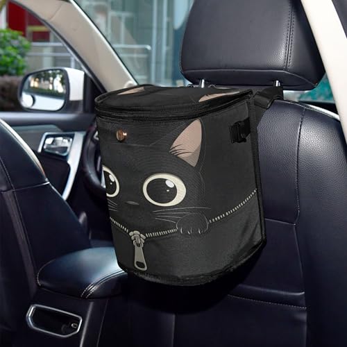 MNSRUU Car Trash Can with Lid, Black Cat Zipper Car Trash Bag Hanging Organizers and Storage for Front Back Seat, Leak-Proof Trash Bin - color: Cat A17107