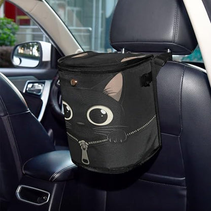 MNSRUU Car Trash Can with Lid, Black Cat Zipper Car Trash Bag Hanging Organizers and Storage for Front Back Seat, Leak-Proof Trash Bin - color: Cat A17107