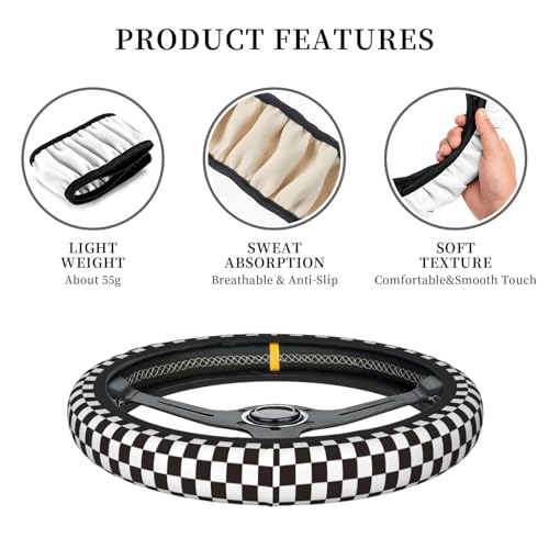 Black and White Checkered Racing Flag Checkerboard Square Grid Car Steering Wheel Cover,Non-Slip Neoprene-Sweat Car Accessories,Universal 15 Inch Fit Auto, Vans Trucks,Suvs, Truck - color: Black And White Checkered