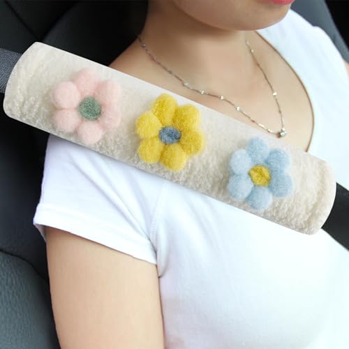 2-Pack Soft Seat Belt Covers Universal Car Shoulder Pad Cushions for Comfortable Driving & Bag Strap Protection White Fuzzy Flower (Light Blue, Yellow & Pink) - color: Light Blue Yellow Pink Flower