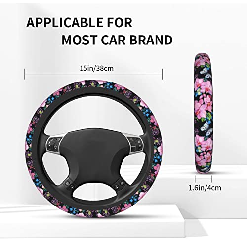 Beautiful Butterfly Steering Wheel Cover for Women Men with 2 Pcs Car Coasters, Universal 14.5-15 Inch Flowers Steering Wheel Covers Non-Slip Car Accessories for Girls - color: flower