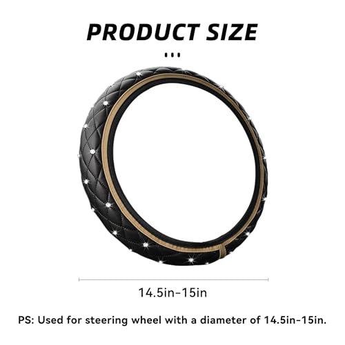 Bling Leather Steering Wheel Cover, 15 Inch Anti-Slip Elastic Auto Steering Wheel Protector with Sparkling Diamond for Women Girls, Universal Vehicle Decor Accessories for Most Cars (Beige)