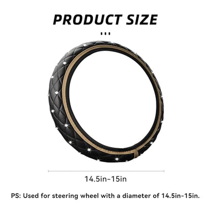 Bling Leather Steering Wheel Cover, 15 Inch Anti-Slip Elastic Auto Steering Wheel Protector with Sparkling Diamond for Women Girls, Universal Vehicle Decor Accessories for Most Cars (Beige)