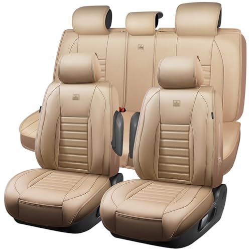 CAR PASS Nappa Leather Car Seat Covers Full Set, Luxury Seat Protector for Cars, Waterproof Anti-Slip Car Seat Cushion Armrest Compatible Airbag Universal for Sedan SUV Pick-up Truck Automotive, Beige - color: Beige Leather, size: Full Set