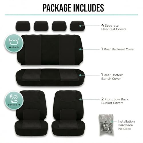 FH Group Flat Cloth Full Set Car Seat Covers Three Row 7 Seater - Universal Fit for Cars, Trucks & SUVs (Solid Black) - color: Black