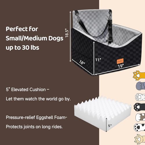 Dog Car Seats for Small Medium Dogs Up to 35lbs | Elevated Dog Booster Seat with Detachable Washable Cover & Cushion | Memory Foam Pet Car Travel Seat with Safety Belt and Storage Pockets (Black Grey)