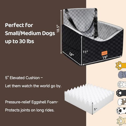 Dog Car Seats for Small Medium Dogs Up to 35lbs | Elevated Dog Booster Seat with Detachable Washable Cover & Cushion | Memory Foam Pet Car Travel Seat with Safety Belt and Storage Pockets (Black Grey)
