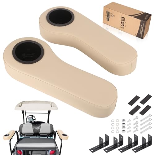 10L0L Golf Cart Rear Seat Armrest, Leather with Cup Holder, No Drilling Required, Fits EZGO, Club Car, Yamaha and Other Universal Models.Fits 1" Square Tubes only. - color: Beige