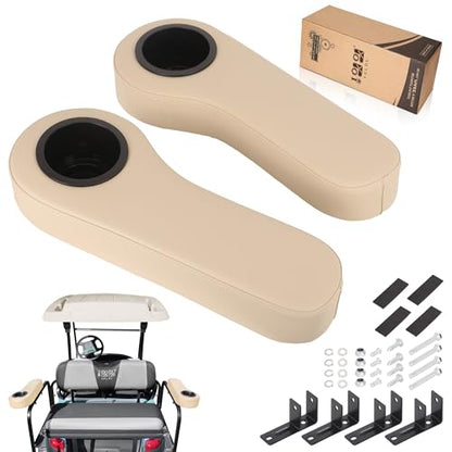 10L0L Golf Cart Rear Seat Armrest, Leather with Cup Holder, No Drilling Required, Fits EZGO, Club Car, Yamaha and Other Universal Models.Fits 1" Square Tubes only. - color: Beige