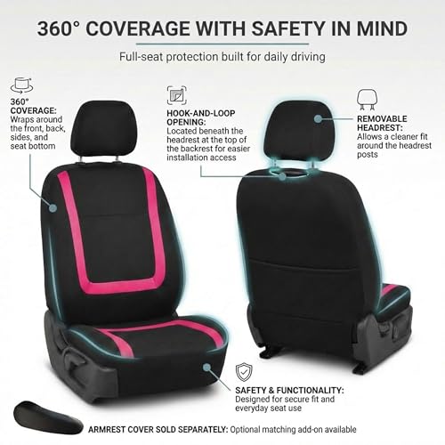 FH Group Full Set Car Seat Covers Unique Flat Cloth, Front Set and Solid Bench Cover with Gift, Easy to Install- Universal Fit for Cars Trucks and SUVs (Pink) - color: pink