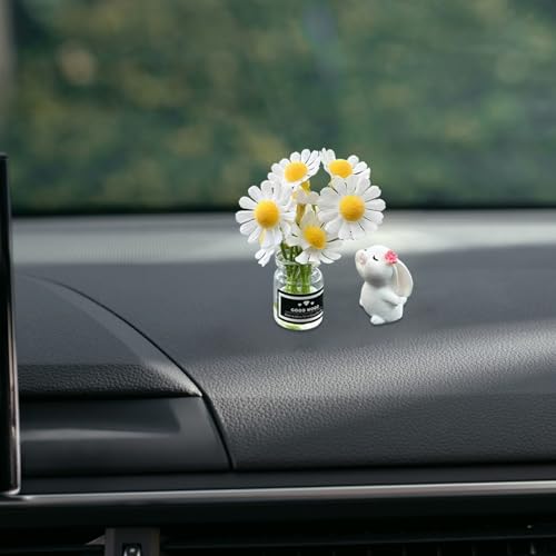 1 Set Car Dashboard Decorations, Mini Daisy Flower in Vase with Bunny, Self Adhesive Ornament for Car Interior and Dashboard Decor