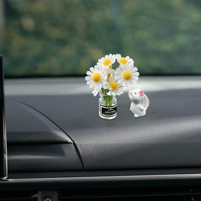 1 Set Car Dashboard Decorations, Mini Daisy Flower in Vase with Bunny, Self Adhesive Ornament for Car Interior and Dashboard Decor