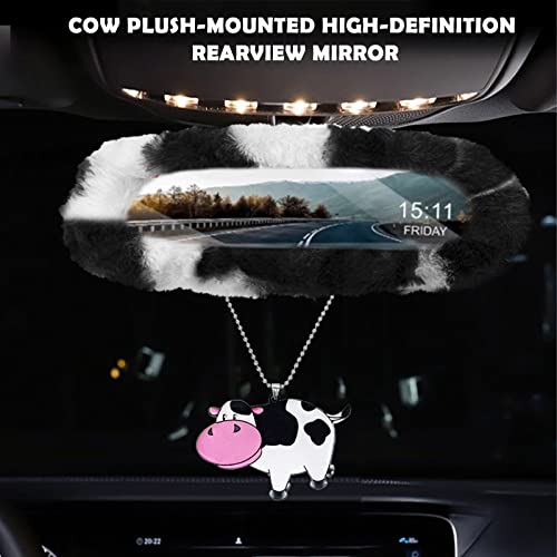 JINGSEN11 Pieces Fluffy Car Accessories Set,Fluffy Cow Print Plush Steering Wheel Covers for Women Soft Fleece Handbrake Cover Shift Cover Car Trim Warm Non-Slip (Black) - size: black