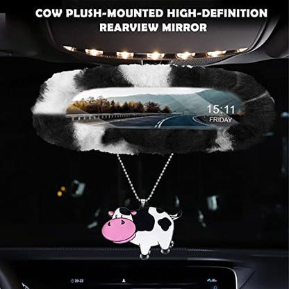 JINGSEN11 Pieces Fluffy Car Accessories Set,Fluffy Cow Print Plush Steering Wheel Covers for Women Soft Fleece Handbrake Cover Shift Cover Car Trim Warm Non-Slip (Black) - size: black