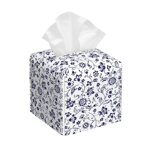 Blue and White Tissue Box Cover Square, Abstract Blue Flowers Tissue Box Holder,Waterproof Leather Facial Paper Organizer Dispenser for Bathroom Home Car Decor - color: Color-16