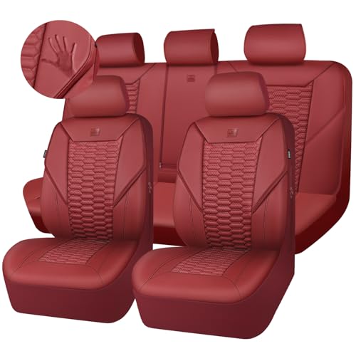 CAR PASS 3D Foam PU Leather Car Seat Covers Full Set,Luxury Breathable Faux Leather Seat Covers for Car,Anti Slip Universal Fit for SUVs Vans Sedan Trucks Automotive,Armrest Airbag Compatible Burgundy - color: Burgundy Red, size: Full Set