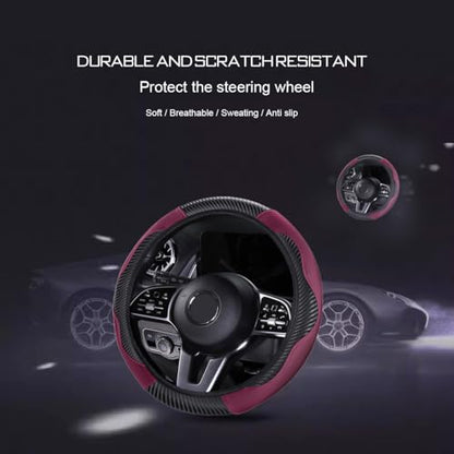 Ultra Fine Carbon Fiber Leather Steering Wheel Cover, Anti Slip and Sun Protective Protect The Steering Wheel, Easy to Install,Universal of 14.5"-15" (Wine red) - color: Wine red