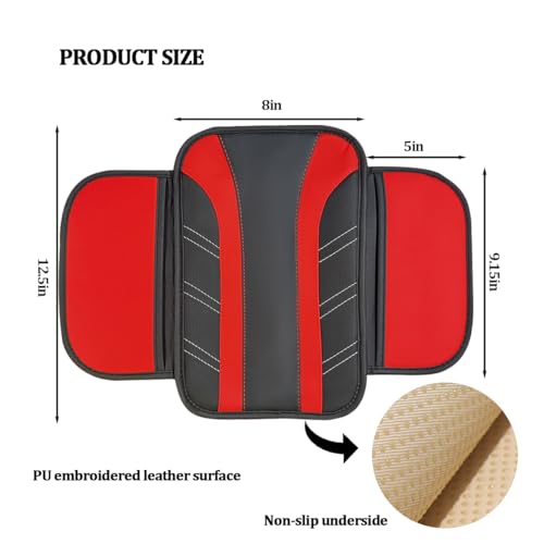 Car Center Console Cover, Soft Leather Sporty Armrest Protector Cushion with 2 Storage Pockets, Comfortable Auto Interior Middle Console Arm Rest Box Pad, Universal for Vehicles (Red)