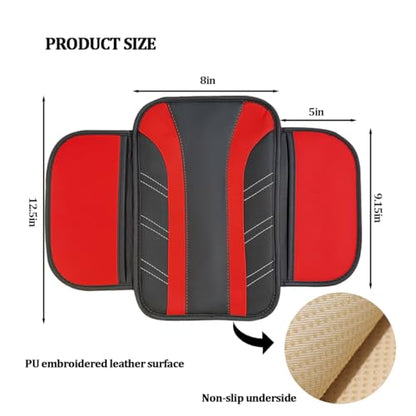 Car Center Console Cover, Soft Leather Sporty Armrest Protector Cushion with 2 Storage Pockets, Comfortable Auto Interior Middle Console Arm Rest Box Pad, Universal for Vehicles (Red)
