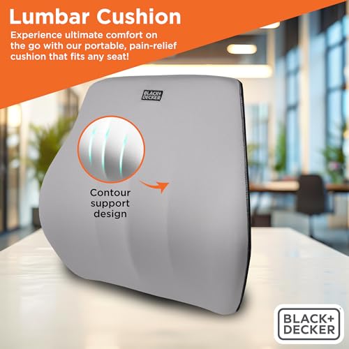 BLACK+DECKER Memory Foam Lumbar Support Pillow, Lumbar Cushion for Office, Car, Wheelchair & Airplane – Adjustable Strap, Full Back Pain Relief, Washable Cover, Grey/Blue - color: Grey/Blue