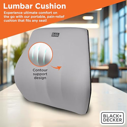 BLACK+DECKER Memory Foam Lumbar Support Pillow, Lumbar Cushion for Office, Car, Wheelchair & Airplane – Adjustable Strap, Full Back Pain Relief, Washable Cover, Grey/Blue - color: Grey/Blue