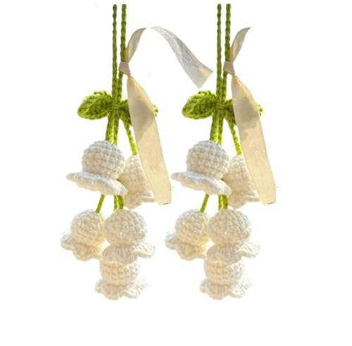 2Pcs Car Decorations Car Hanging Ornaments, Crochet Flowers Bag Charms Decor Cars Rear View Mirror Accessories Hand Knitted Crochet Flower Decor, for Room Backpack Keychain Decoration Pendant (White) - color: White