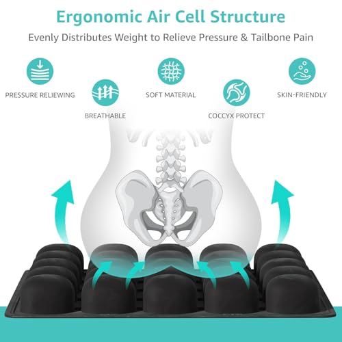 Inflatable Travel Seat Cushion for Airplane - Portable Air Pad with Built-in Pump for Long Haul Flight Essentials - Ergonomic Tailbone & Sciatica Pain Relief, Non-Slip, 15.7x15.7, Black - size: 15.7"x15.6"