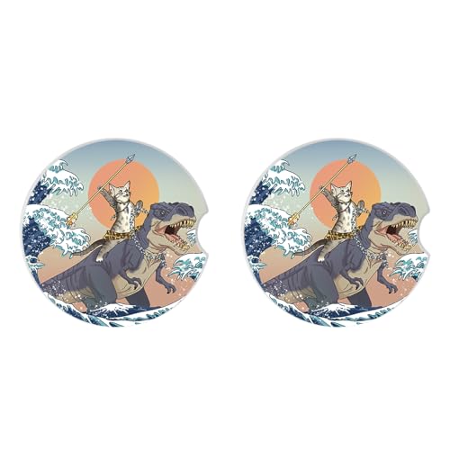 Car Coasters Pack of 2,Absorbent Ceramic Car Coasters Set for Women/Men,Drink Cup Holder Coasters,with A Finger Notch for Easy Removal(Cat and Dinosaur) - color: Cat and Dinosaur