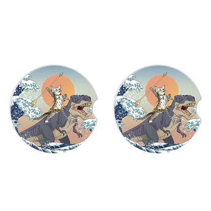 Car Coasters Pack of 2,Absorbent Ceramic Car Coasters Set for Women/Men,Drink Cup Holder Coasters,with A Finger Notch for Easy Removal(Cat and Dinosaur) - color: Cat and Dinosaur