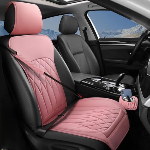 1 Pack Leather Front Car Seat Cover, Universal Sideless Car Seat Protector with Storage Pocket and Seat Belt Pad, Waterproof Automotive Seat Cover Cars Trucks SUV(Pink) - color: front 1pcs pink