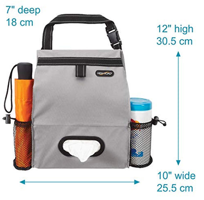High Road Car Organizer with Car Trash Bin and Tissue Holder - Holds Full Size Tissue Box, Bottles and Wipe Containers - 2 Gal Leakproof Covered Trash Can with Push-Close Lid - color: Gray