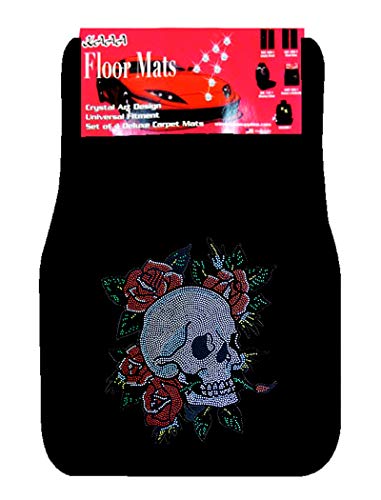 Universal Fit Car Truck Front/Rear 4-Piece Full Set Crystal Bling Rhinestone Design Studded Black Carpet Floor Mats (Happy Skull-Black) - color: Happy Skull-Black