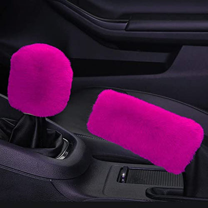 6pcs in 1 Set Soft Fluffy Car Steering Wheel Cover Faux Wool Auto Center Armrest Cove & Gear Shift Cover & Handbrake Cover & 2pcs Seat Belt Shoulder Pads Warm Winter Universal Fit for 15 Inch - color: Rose red