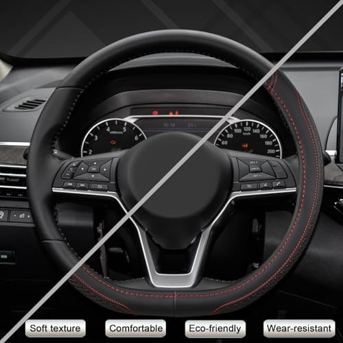 Customized Auto Car Steering Wheel Cover for Nissan,D Shaped Steering Wheel Cover for Rogue,Altima,Kicks (D-Shaped-Black+Red Line)
