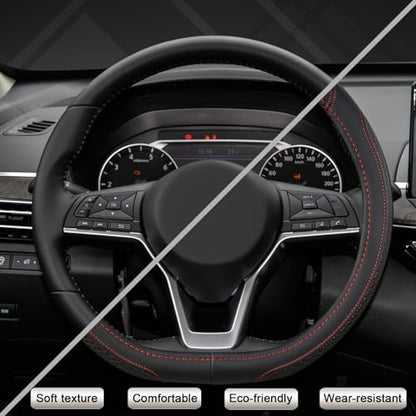 Customized Auto Car Steering Wheel Cover for Nissan,D Shaped Steering Wheel Cover for Rogue,Altima,Kicks (D-Shaped-Black+Red Line)