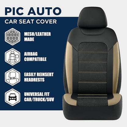 PIC AUTO Car Seat Covers, Premium Leather and Air Mesh Automotive Sports Seat Covers Full Set, Front and Rear Bench, Airbag Compatible Universal Fits Most Cars, SUVs, Trucks and Vans (Black & Beige) - color: Black & Beige, size: Full Set