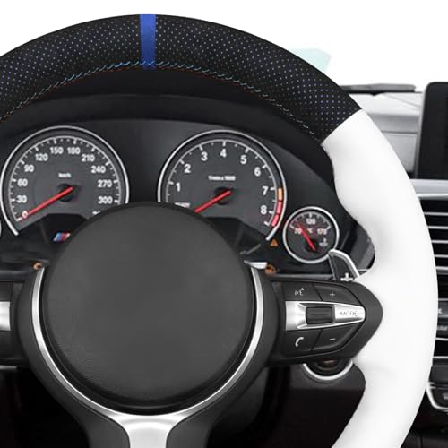 MEWANT Hand-Stitched Steering Wheel Cover for BMW (M Sport) F22 F23 F30 F34 F32 F33 F36 F10 F07 F12 F13 F06 F39 F25 F26 F15 F16, DIY Custom Fit Steering Wheel Wrap for BMW - color: 13:IT-ALCAN with blue layer & white leather