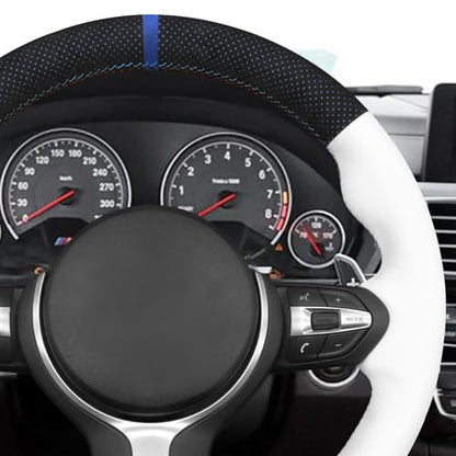 MEWANT Hand-Stitched Steering Wheel Cover for BMW (M Sport) F22 F23 F30 F34 F32 F33 F36 F10 F07 F12 F13 F06 F39 F25 F26 F15 F16, DIY Custom Fit Steering Wheel Wrap for BMW - color: 13:IT-ALCAN with blue layer & white leather
