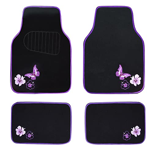 CAR PASS Embroidery Butterfly and Flower Car Floor Mats, Purple Car Floor Mats, Universal Fit 95% Automotive,SUVS,Sedan,Vans,for Women,Girly,Set of 4(Black with Purple) - color: Purple Butterfly and Flower