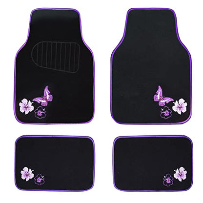CAR PASS Embroidery Butterfly and Flower Car Floor Mats, Purple Car Floor Mats, Universal Fit 95% Automotive,SUVS,Sedan,Vans,for Women,Girly,Set of 4(Black with Purple) - color: Purple Butterfly and Flower
