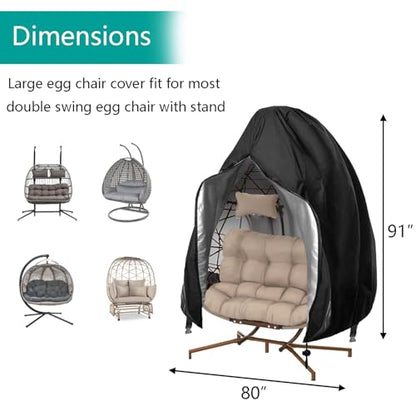 【Upgraded】Patio Egg Chair Covers with Zipper, 91 x 80 Large Wicker Egg Swing Chair Covers, Waterproof Heavy Duty Weather Resisatnt Outdoor Chair Cover, Windproof Hanging Chair Cover, Black, 1 Pack - color: Black, size: Double Seat 91'' (L) x 80''(W)