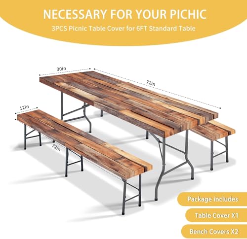 Rustic Wood Table Cover with Bench Covers Waterproof Windproof Elastic Fitted Outdoor Camping RV Tablecloths with Drawstring Bag Reusable Rectangle Rectangle Tables and Seats Cover 30X60IN - color: Brown, size: 30" x 60" (Rectangular)