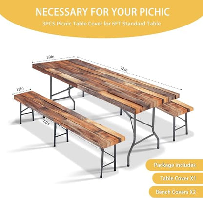 Rustic Wood Table Cover with Bench Covers Waterproof Windproof Elastic Fitted Outdoor Camping RV Tablecloths with Drawstring Bag Reusable Rectangle Rectangle Tables and Seats Cover 30X96IN - color: Brown, size: 30" x 96" (Rectangular)