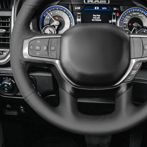 MEWANT Black Smooth and Embossed Artificial Leather Steering Wheel Cover for Dodge Ram 1500 Laramie Big Horn 2019-2021 - color: Black Smooth&Embossed Artificial Leather