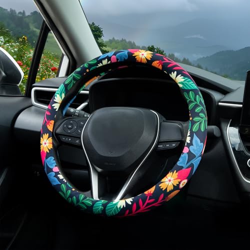 Strawberry Colorful Floral Steering Wheel Cover Auto Steering Wheel Protector, Anti-Slip, Breathable, Absorbing Sweat, Universal Floral Car Accessories 14.5–15 inch - style: Strawberry Colorful Floral