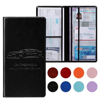 Car Registration and Insurance Card Holder for Women Men, Black Glove Box Paperwork Organizer with Magnetic Buckle for Easy Access and Protect Documents and Various Cards in Vehicle