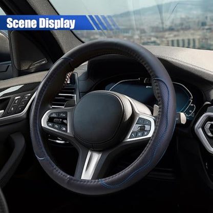 Car Steering Wheel Cover, 15 Inch Leather Anti-Slip Breathable Automotive Steering Wheel Protector, Universal Heat Resistant Vehicle Interior Accessories Cars, SUVs, Trucks(BlackBlue)