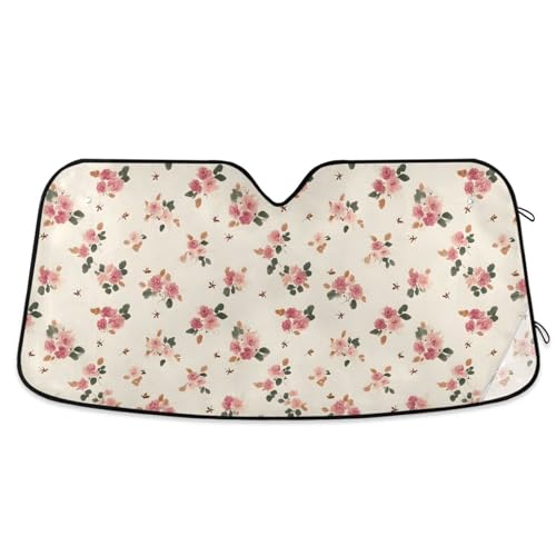 Sun Shade for Car Windshield Beige Background Floral Rose Foldable Sun Shield Heat and UV Protection Automotive Interior Protection - color: Rose