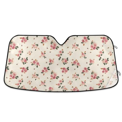 Sun Shade for Car Windshield Beige Background Floral Rose Foldable Sun Shield Heat and UV Protection Automotive Interior Protection - color: Rose